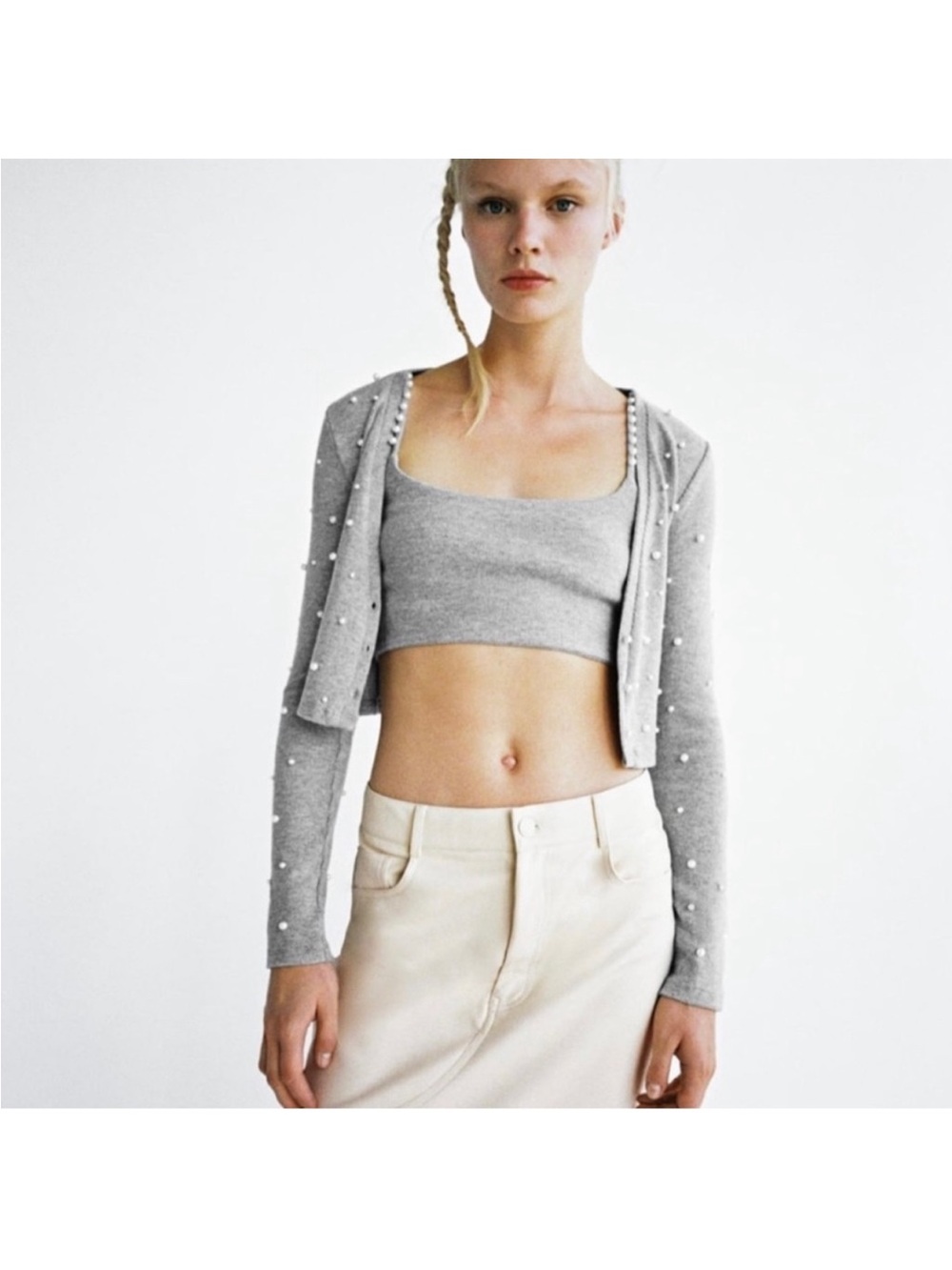 Zara Gray Pearl-Embellished Cardigan size Small